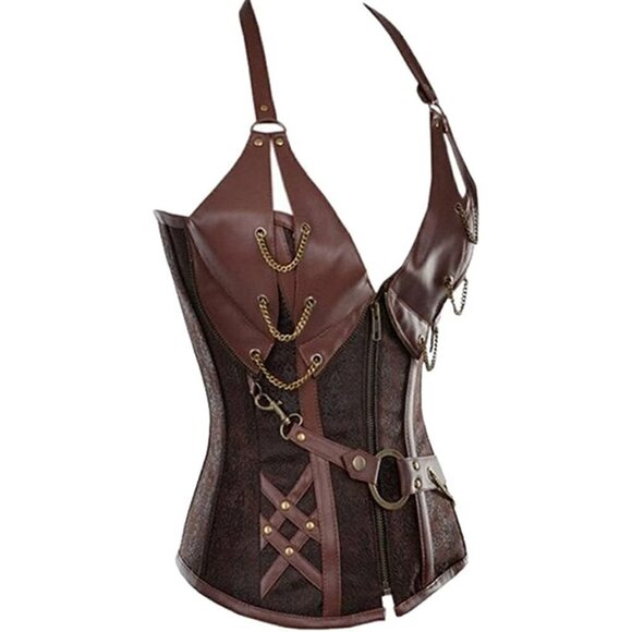 Steampunk Corset Top Steel Boned Underbust Renaissance Brown Leather Cosplay NWT - Picture 4 of 11